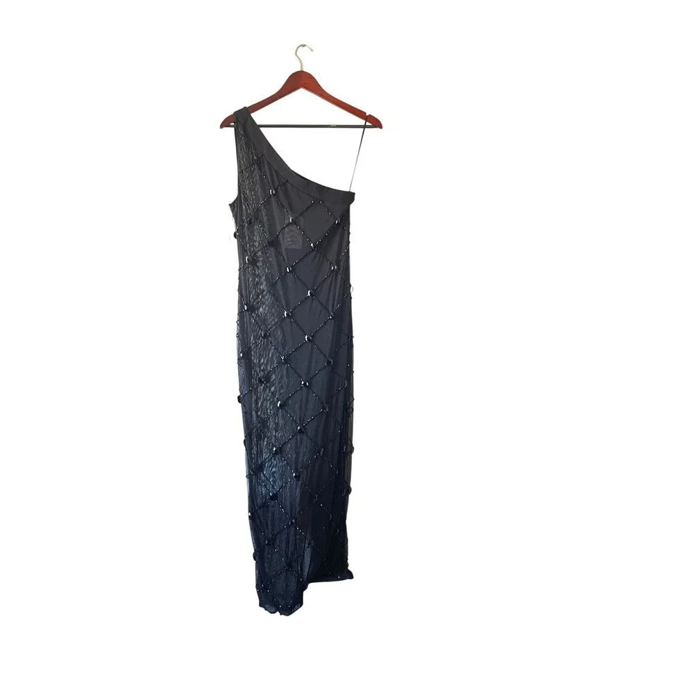 akira beaded maxi dress QUEEN OF EVERYTHING MIRRORED IN GOLD 88 cm / 34.65 in NWT Akira Black One Shoulder